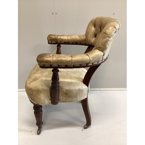 56 - A late Victorian mahogany and buttoned leather tub frame desk chair, width 62cm, depth 50cm, height ... 