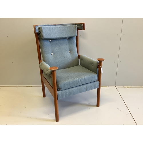 57 - A mid century Parker Knoll upholstered beech Bwana style armchair, width 71cm, depth 65cm, height ... 