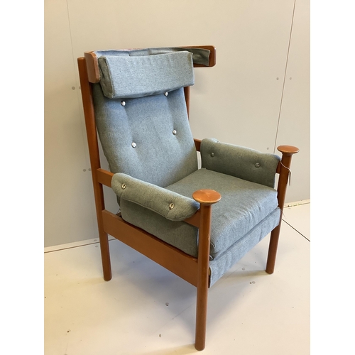 57 - A mid century Parker Knoll upholstered beech Bwana style armchair, width 71cm, depth 65cm, height ... 