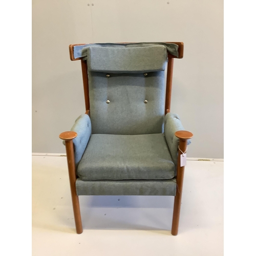 57 - A mid century Parker Knoll upholstered beech Bwana style armchair, width 71cm, depth 65cm, height ... 