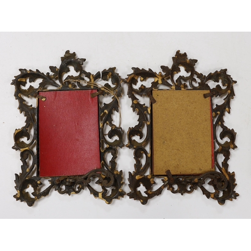 582 - A pair of gilt metal, Rococo style easel mirrors and a carved wood photo frame, largest overall 30cm... 