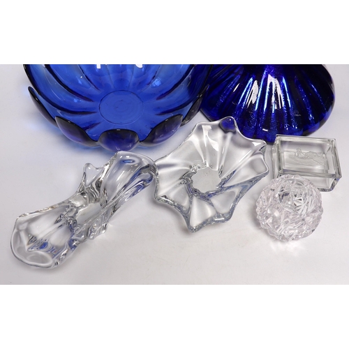 585 - A group of glassware including Small Tiffany vase, two Baccarat dishes and a large blue glass fruit ... 