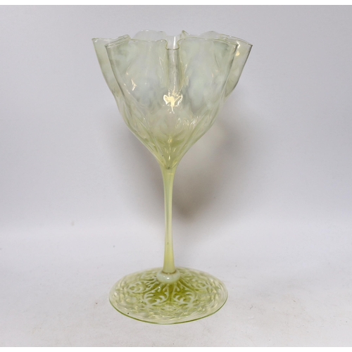 597 - An Edwardian vaseline long stem vase, possibly by Thomas Webb, 31cm high