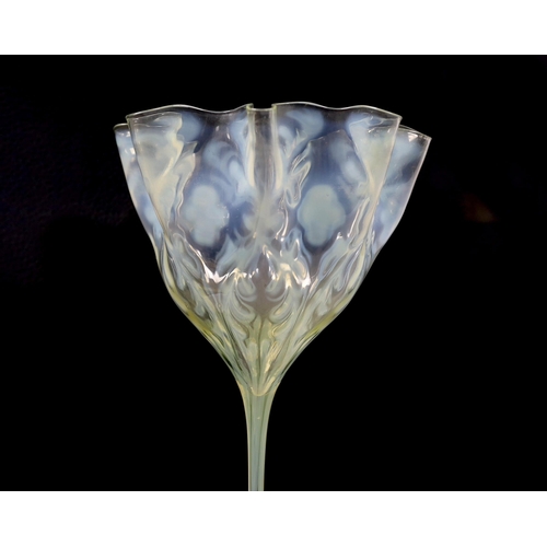 597 - An Edwardian vaseline long stem vase, possibly by Thomas Webb, 31cm high