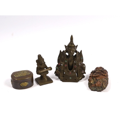 598 - A Japanese mixed metal Vesta case modelled as an oni, a similar box, a Thai bronze figure and an Ind... 