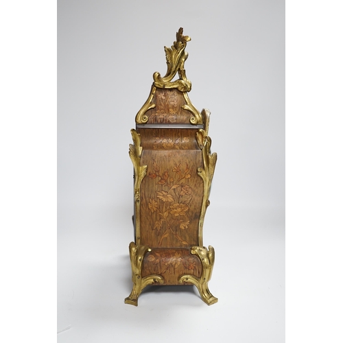 604 - A French gilt metal mounted rosewood and floral marquetry mantel clock. 40cm