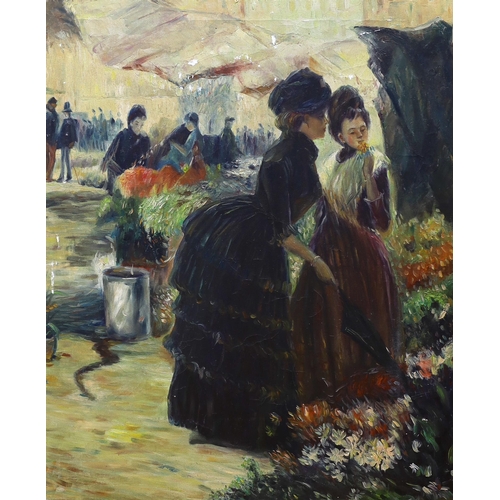 681 - Impressionist oil on canvas, Women at a flower market, 60 x 50cm, unframed