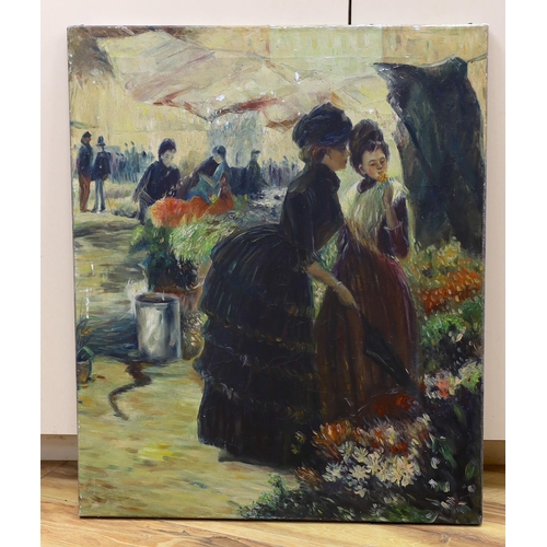 681 - Impressionist oil on canvas, Women at a flower market, 60 x 50cm, unframed