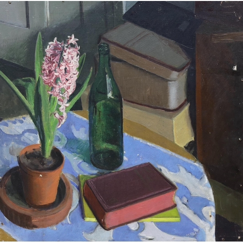 682 - J.M. Halliday (20th. C) oil on board, Still life of flowers and vessels, signed verso, 56 x 56cm unf... 