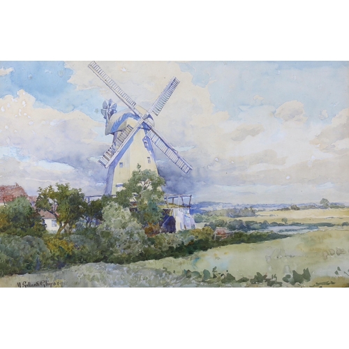 683 - Henry Gillard Glindoni (1852-1913), two watercolours, Landscape with windmill and Coastal scene with... 