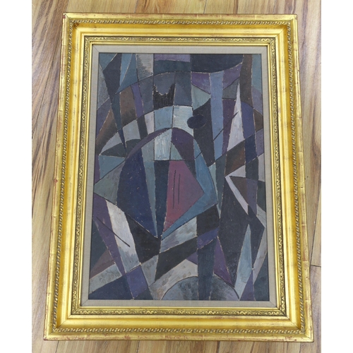 685 - Abstract oil on board, geometric shapes, 53 x 36cm, gilt frame