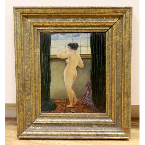 695 - Manner of Frederick Goodall, oil on board, nude woman at a window, indistinctly monogrammed possibly... 