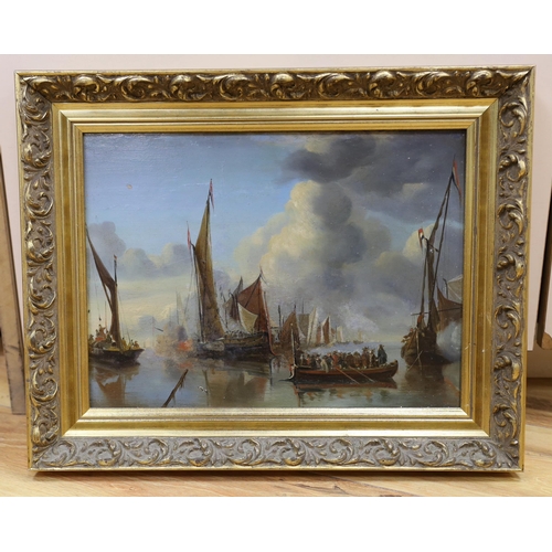 697 - 19th century Dutch School, oil on board, Shipping at anchor with salute being fired to a barge party... 