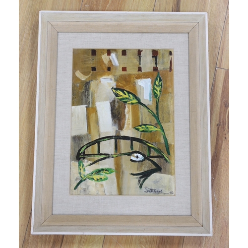 699 - Sutherland (20th. C), abstract oil, Leaves, signed and indistinctly dated, possibly '62, 31 x 21cm... 