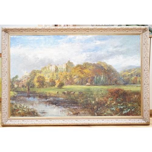 701 - 19th century English School, oil on canvas, River scene with cattle, a castle ruin in the background... 