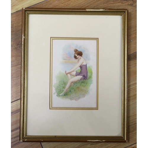 702 - Early 20th century school, watercolour, Full length study of a bathing belle, 12 x 8cm