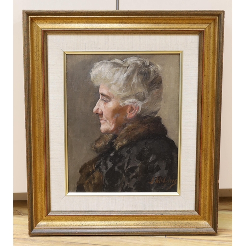 705 - J. McGlais, oil on board, Portrait of an elderly lady, signed, 33 x 26cm