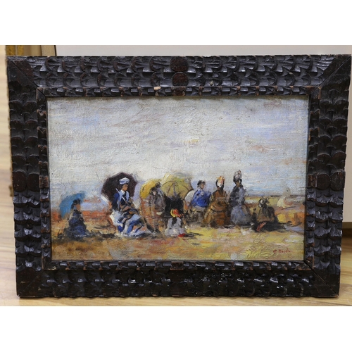 707 - Manner of Eugene Boudin (French, 1824-1898) oil on board, Figures on a beach, 24 x 38cm, housed in a... 