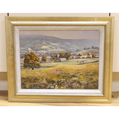 711 - N. Englefield (20th. C), oil on canvas, Panoramic landscape with cattle and farm buildings, signed, ... 