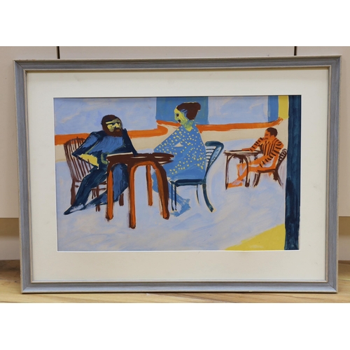 712 - Modern British, mixed media on card, Figures seated at tables, indistinctly signed and dated '51, 33... 