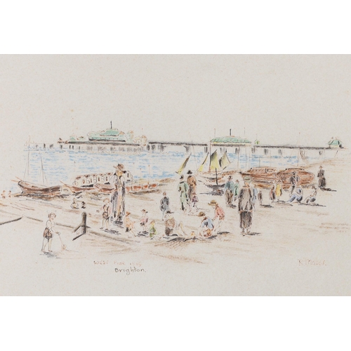 714 - R. Maher (20th. C), set of six crayon and pencil sketches, Brighton views including West Pier and Bl... 