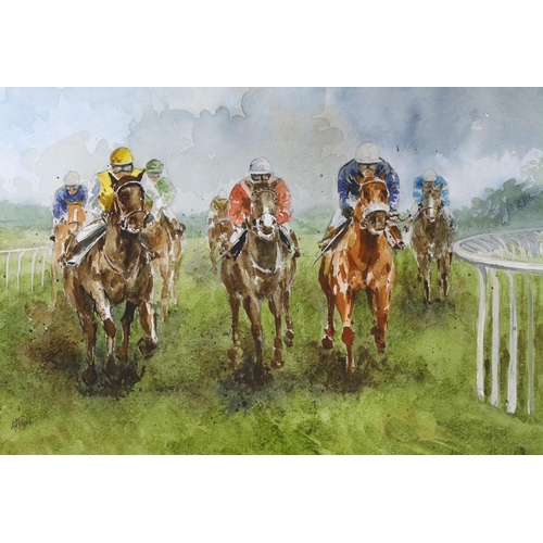 717 - Horse racing interest, two watercolours, Jockeys on horseback, one indistinctly signed, possibly K J... 