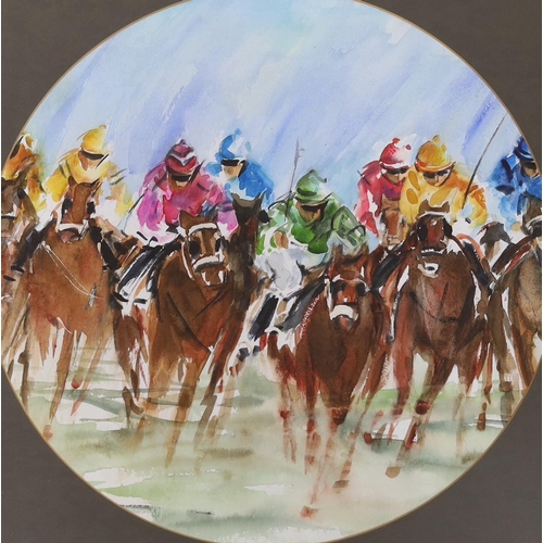 717 - Horse racing interest, two watercolours, Jockeys on horseback, one indistinctly signed, possibly K J... 