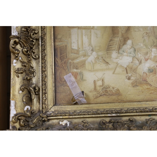 722 - 19th century Flemish School, watercolour, Interior scene with figures and dog, 29 x 26cm, ornate gil... 