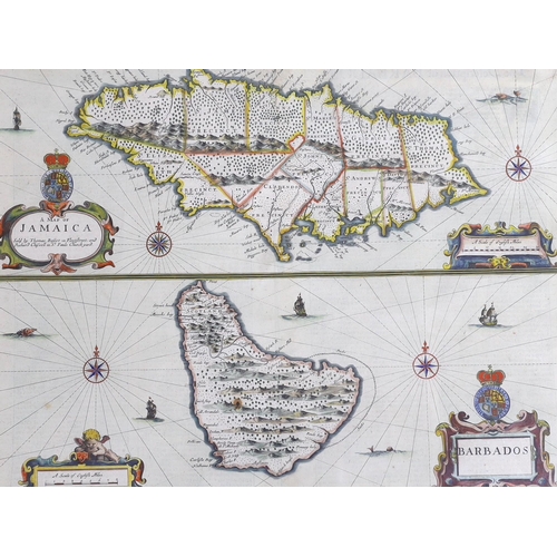 732 - John Speed (1552-1629), Map of Jamaica and Barbados, hand coloured engraving, sold by Thomas Bassett... 