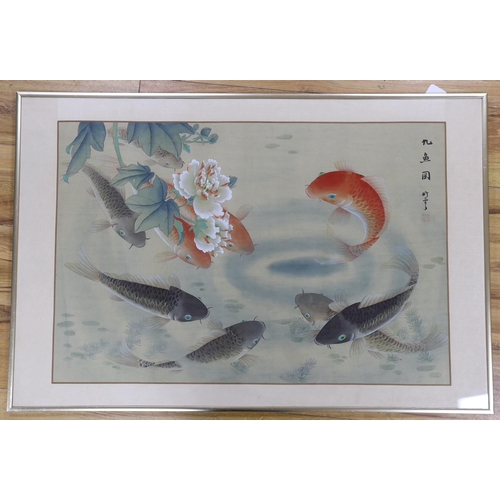 740 - Japanese School, heightened watercolour on silk, Koi carp, 76 x 50cm