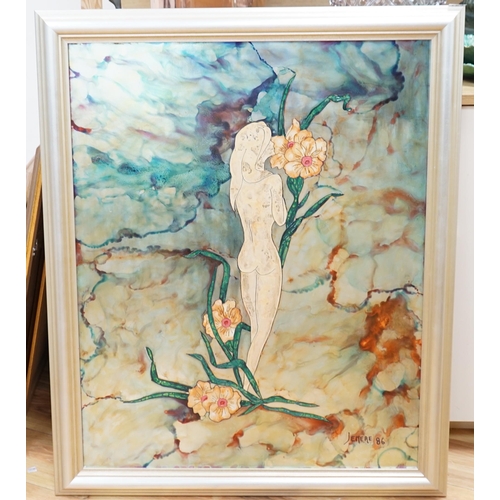 745 - Jean-Philippe Jenere (French, b.1934), painted metal panel, Art Nouveau style nude female with flowe... 