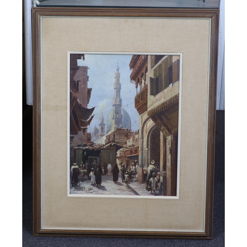 747 - Dafni Poizet (20th. C), oil on board, Cairo street scene with figures, signed and inscribed, 40 x 31... 