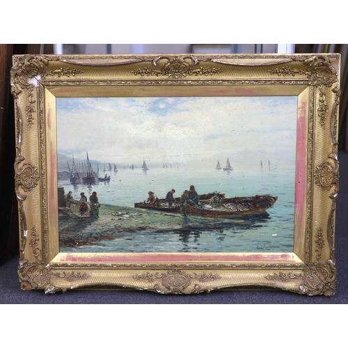 748 - Continental School, oil on canvas, Harbour scene with moored boats and fisherfolk, indistinctly sign... 