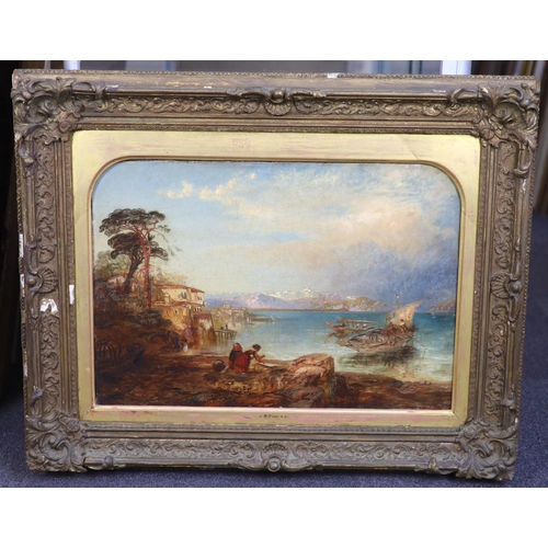 752 - Attributed to James Baker Pyne (1800-1870), oil on board, Italian coastal landscape with gondolas, i... 