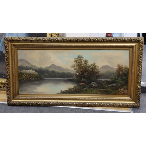 767 - J Bryant (20th. C), panoramic oil on board, Riverscape, signed, 45 x 109cm