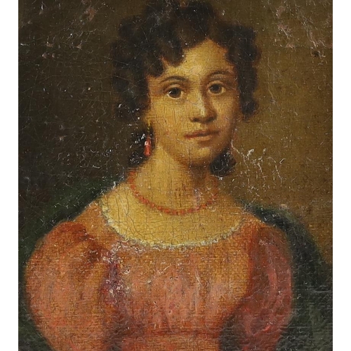 768 - Early 19th century, oil on board, Portrait miniature of a Regency lady wearing coral earrings and ne... 