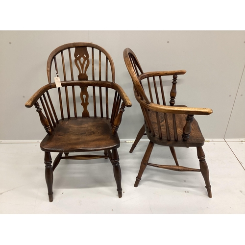 81 - A near pair of 19th century ash and elm Windsor elbow chairs, width 59cm, depth 37cm, height 94cm... 