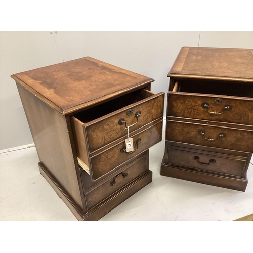 87 - A pair of reproduction George III style banded walnut two drawer filing chests, width 54cm, depth 64... 