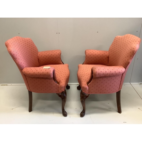 91 - A pair of George II style upholstered scroll armchairs, width 72cm, depth 60cm, height 91cm