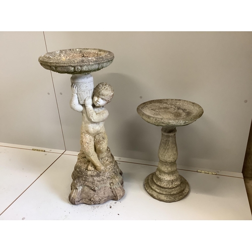 1004 - Two weathered reconstituted stone bird baths, weathered, larger height 76cm