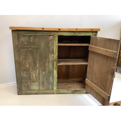 1072 - A provincial painted pine two door side cabinet, width 147cm, depth 52cm, height 124cm