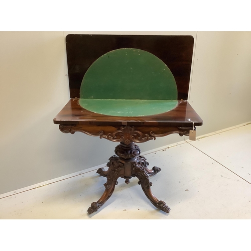 1091 - An early Victorian rosewood rectangular folding card table, width 89cm, depth 46cm, height 75cm... 