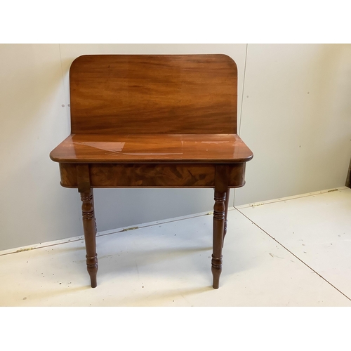 1106 - An early Victorian rectangular mahogany folding tea table, width 96cm, depth 45cm, height 77cm... 