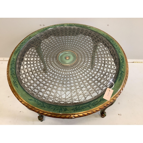 1115 - A French painted circular caned glass top coffee table, diameter 80cm, height 50cm