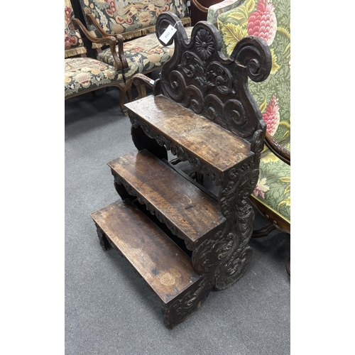 1154 - A set of 17th century French carved walnut steps, width 65cm, depth 50cm, height 108cm