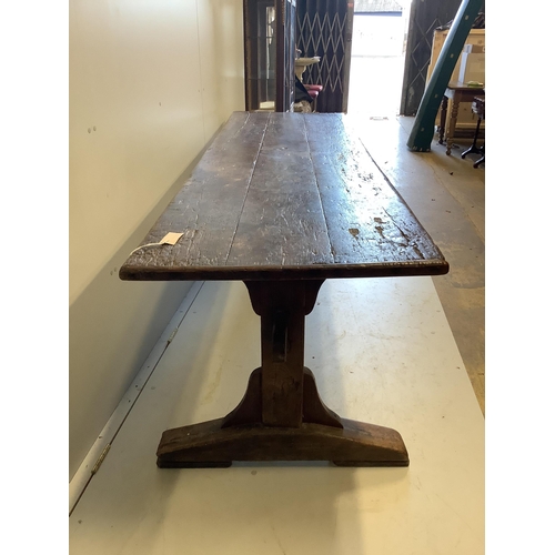 1156 - An 18th century and later rectangular oak plank top refectory table, length 226cm, depth 66cm, heigh... 