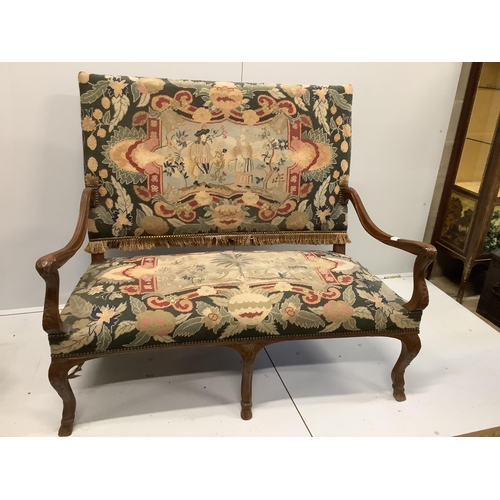 1159 - An 18th century style French upholstered walnut settee, length 116cm, width 66cm, height 112cm toget... 