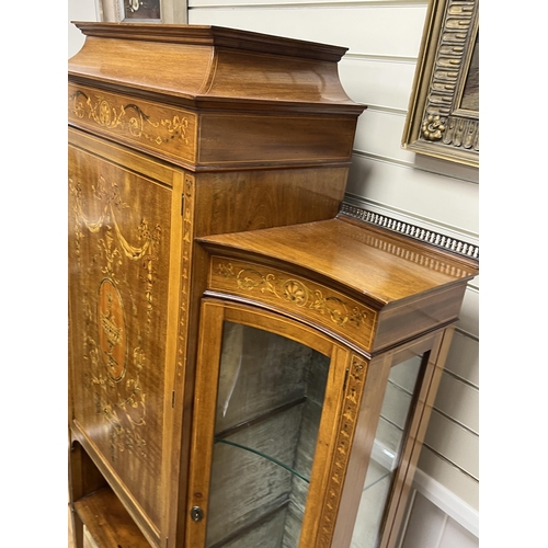 1175 - An Edwardian marquetry inlaid mahogany side cabinet, width 172cm, depth 38cm, height 177cm