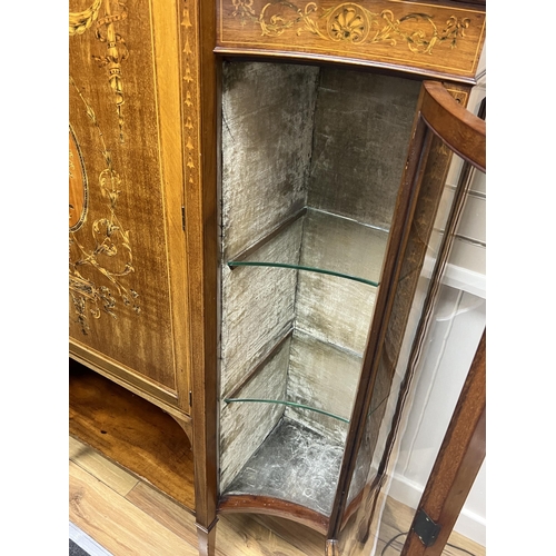 1175 - An Edwardian marquetry inlaid mahogany side cabinet, width 172cm, depth 38cm, height 177cm