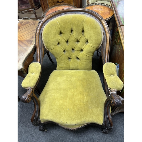 1176 - A Victorian rosewood upholstered open armchair, width 71cm, depth 72cm, height 79cm